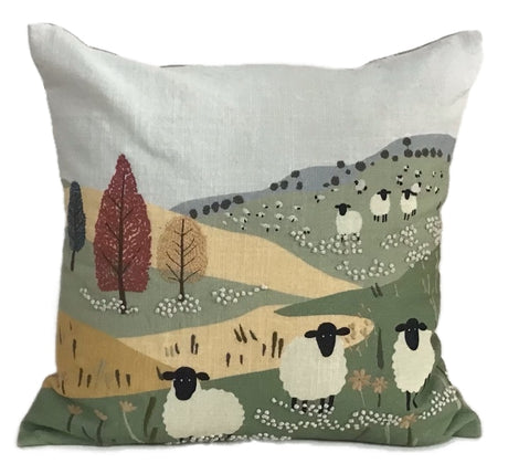 Wandering Sheep in a Meadow Embroidered Pillow