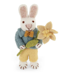 White Bunny with Blue Jacket and Narcissus Flower