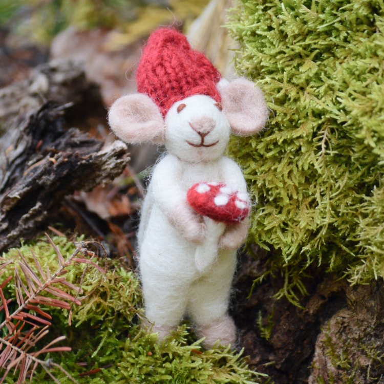 White Mouse with Mushroom Ornament Styled