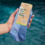 Conscious Step ankle socks featuring a water-themed design, symbolizing support for clean water initiatives.