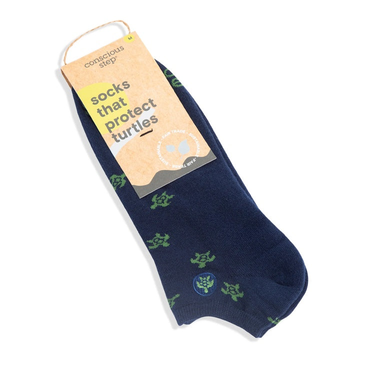 Navy ankle socks with turtle protection design by Conscious Step, featuring eco-friendly fabric and turtle-themed graphics.