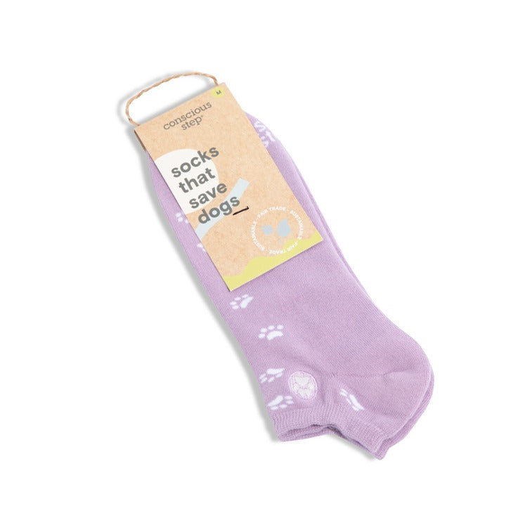 Pair of Conscious Step ankle socks designed with dog-themed patterns, made to support dog rescue efforts.