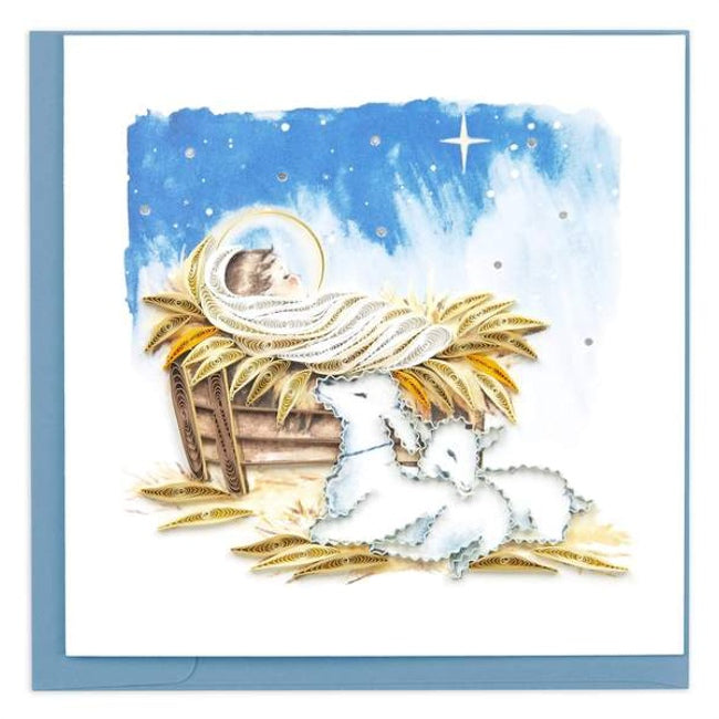 Quilling Card featuring Baby Jesus in a manger, handcrafted paper art with detailed, colorful quilling design for Christmas holiday.