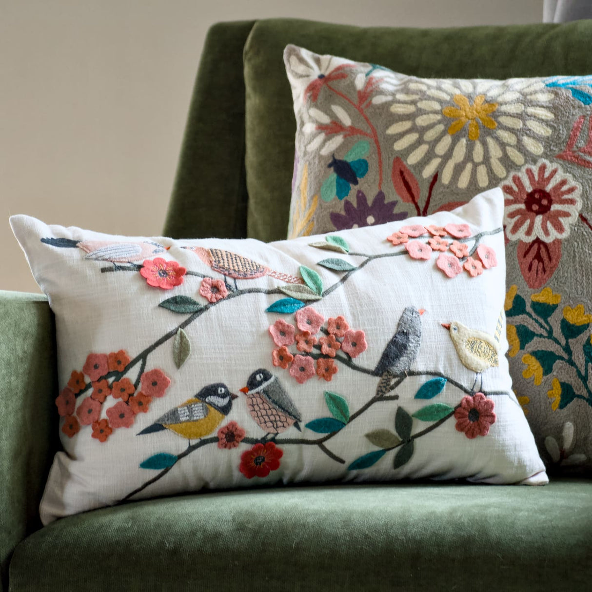 Natural Habitat Bird Flock embroidered pillow featuring colorful bird designs, 12x20 inches, decorative and cozy home accent.