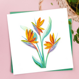 Colorful Bird of Paradise quilling card featuring intricate paper art, showcasing vibrant floral and bird design by Quilling Card.