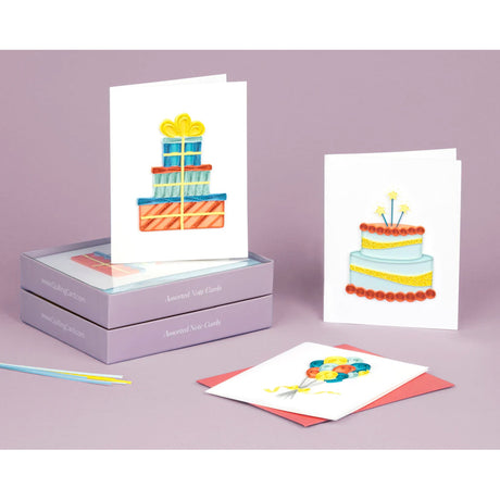 Set of handmade birthday quilling cards in a boxed set by Quilling Card, featuring colorful intricate paper designs.