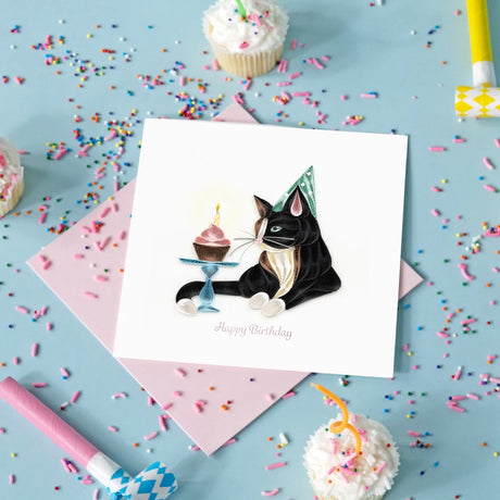 Birthday Cat Quilling Card by Quilling Card with colorful confetti and intricate cat design for celebrating birthdays
