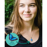 model wearing Blue Morpho butterfly wing necklace featuring vibrant blue butterfly wings on a delicate chain.