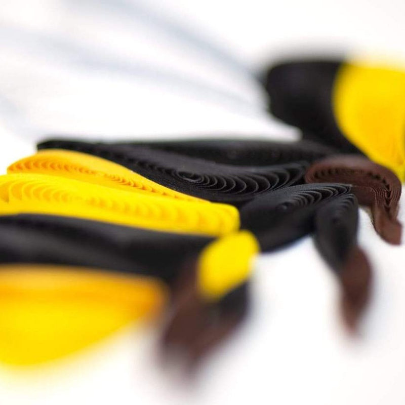 Close-up of a handcrafted Bumble Bee Quilling Card by Quilling Card, showcasing intricate paper quilling details and vibrant colors.