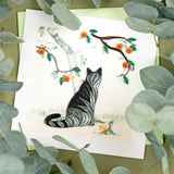 Close-up of Quilling Card featuring a detailed cat and orange branch design with intricate paper quilling artwork.