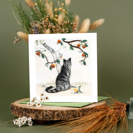 Colorful Cat and Orange Branch Quilling Card by Quilling Card, featuring intricate paper art with vibrant orange and green details.