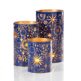 Set of three Serrv celestial lanterns with intricate star and moon designs, ideal for outdoor or indoor decorative lighting.