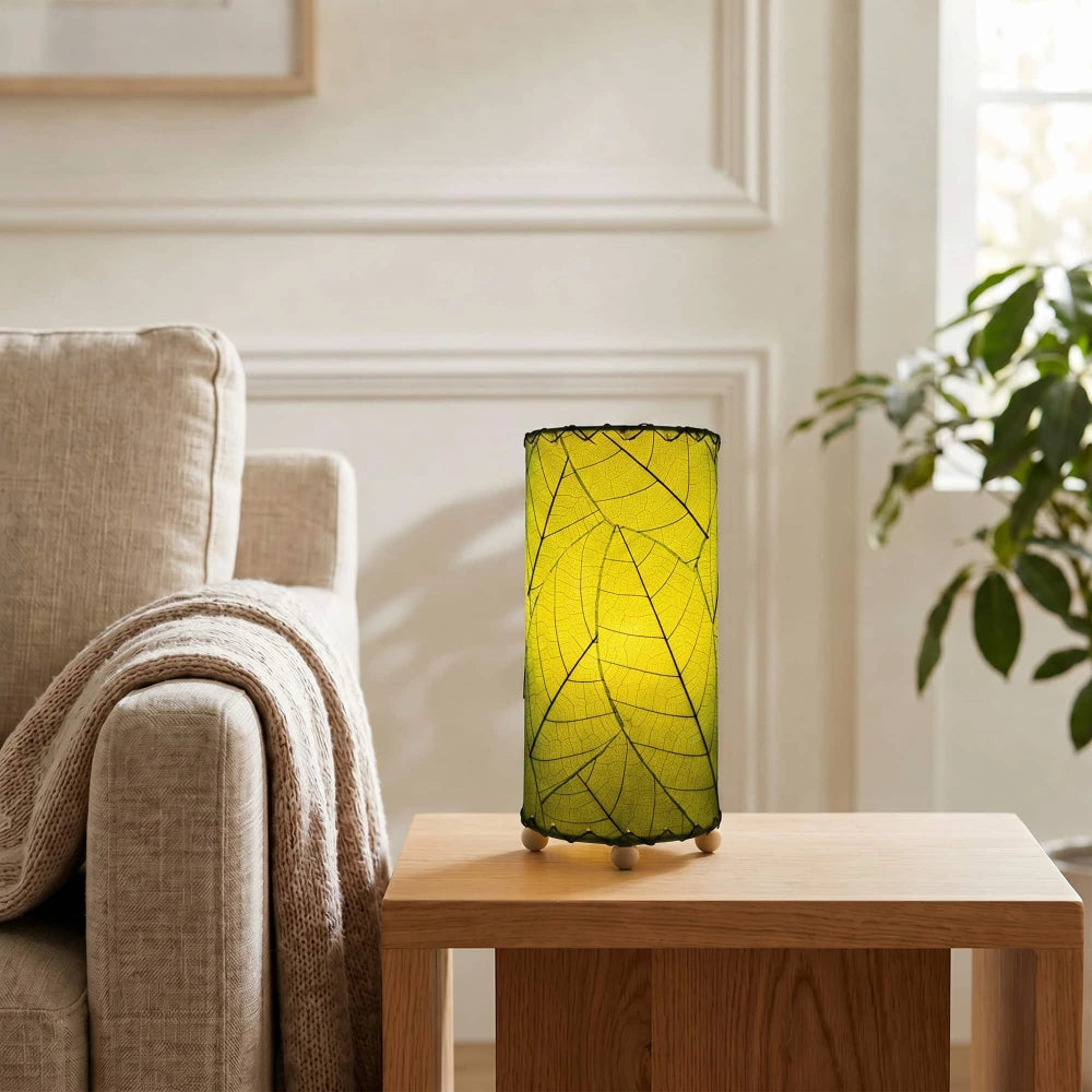 Cocoa Leaf Cylinder Table Lamp 12” - Green