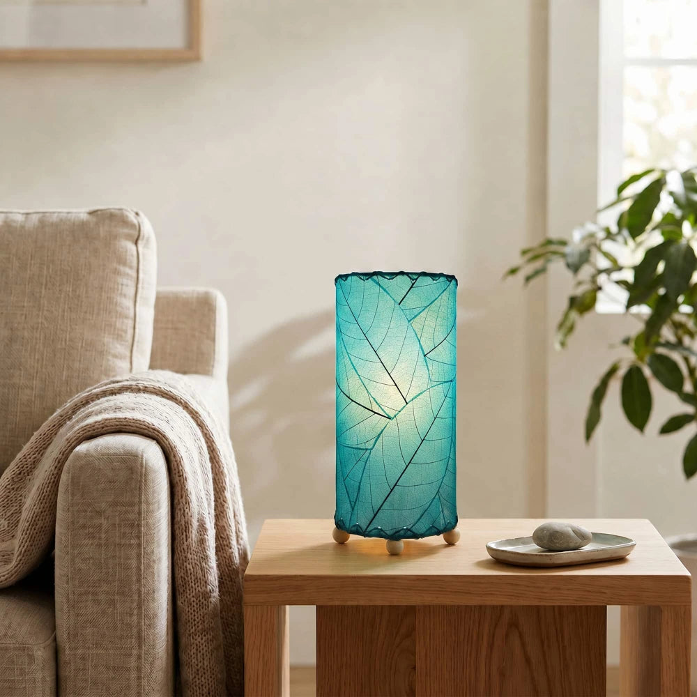 Cocoa Leaf Cylinder Table Lamp 12” - Sea Blue