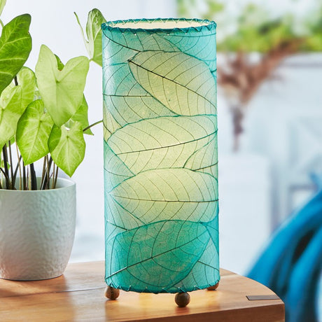 Eangee Cocoa Leaf Cylinder Lamp in sea blue with leaf-shaped design, ideal for ambient lighting and decorative accents.