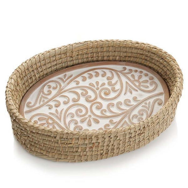 Curly Fern Bread Warmer Basket with terracotta warming stone, perfect for keeping bread warm and adding a rustic touch to your table setting.