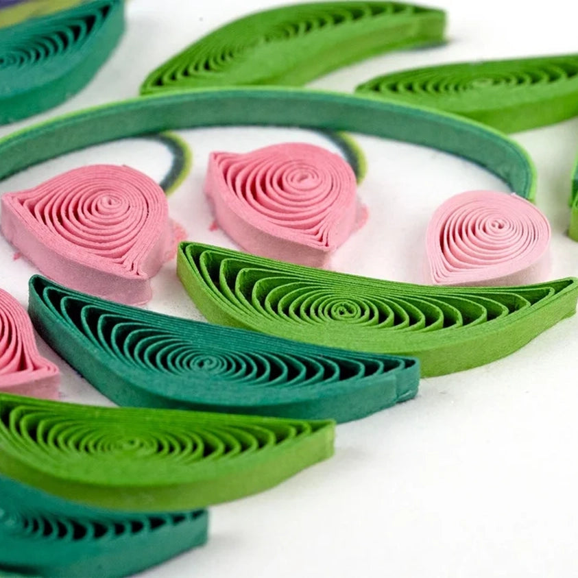 Close-up of a decorative floral hummingbird quilling card showing intricate paper quilling wing details by Quilling Card.