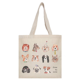 Beige tote bag with illustrations of dogs and the text 'free to love' on a white background
