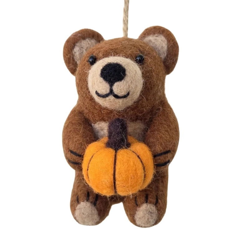 Felt Bear Holding Pumpkin Ornament