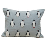 penguin embroidered pillow blue