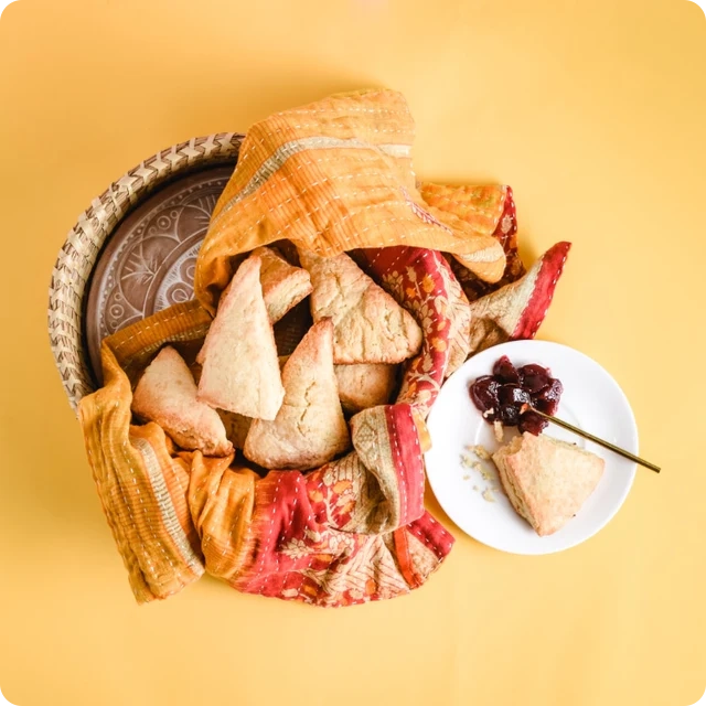 Mandala Bread Warmer Basket with scones - Keeps Bread Warm Over an Hour - Fair Trade Hostess Gift
