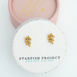 rowen leaf studs frosted gold box