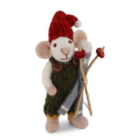 small felt mouse with pants and skis