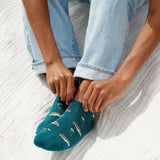 Teal ankle socks by Conscious Step featuring hedgehog designs that promote pollinator protection and sustainable fashion.