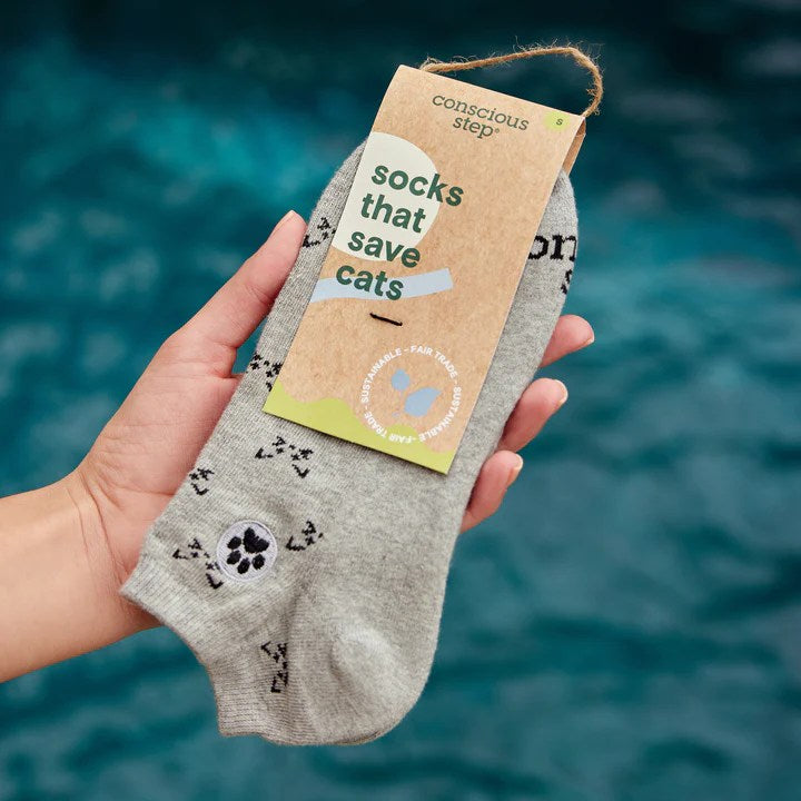 Conscious Step ankle socks featuring a cat-saving design, made for comfort and supporting animal rescue efforts.