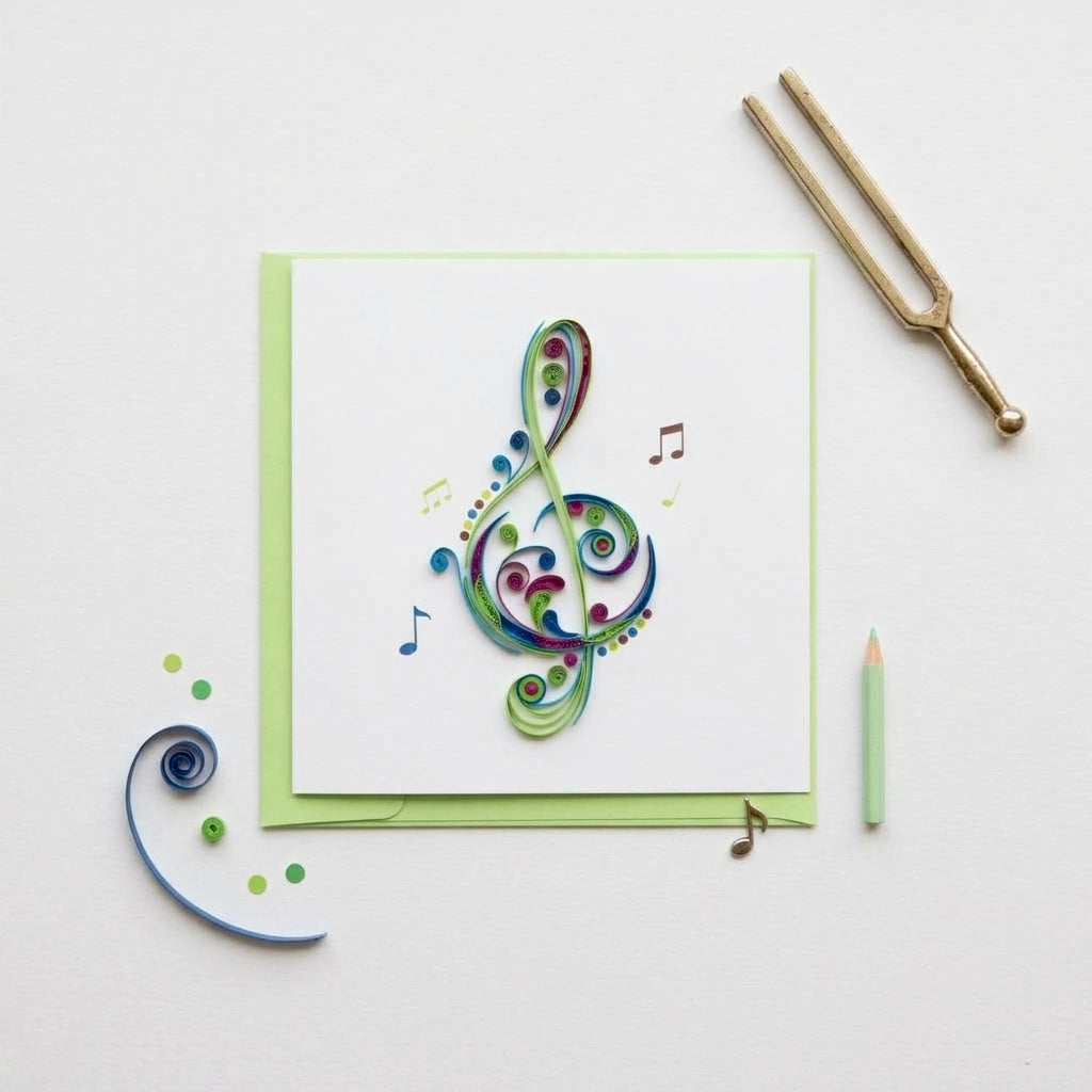Blue treble clef quilling card featuring intricate paper filigree art, perfect for musical or artistic occasions.
