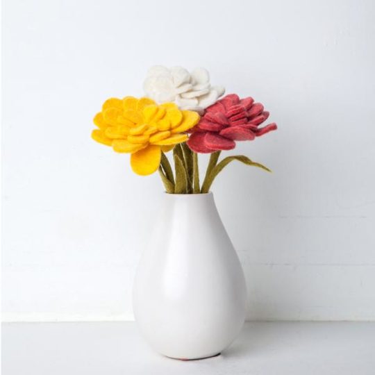 felt zinnia flowers in vase
